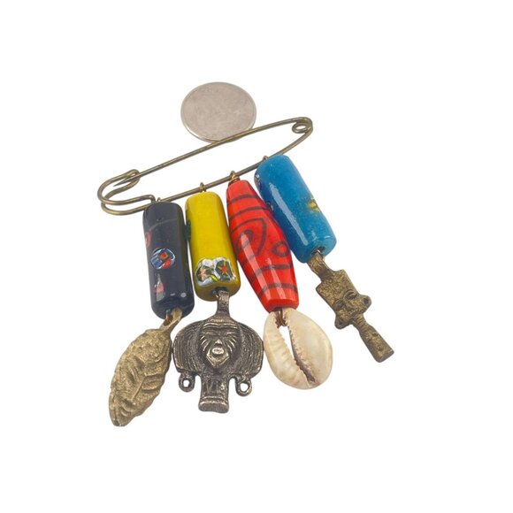 Vintage Boho Tribal Charm Safety Pin Brooch With Beads & Elephant Shell & Leaf C - Picture 3 of 5